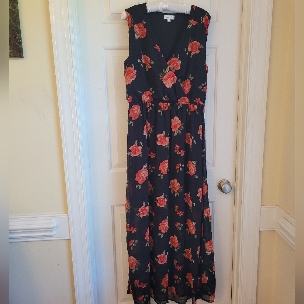 Jolie Vie XL Sleeveless Maxi Dress in black with red rose print! Sheer overlay